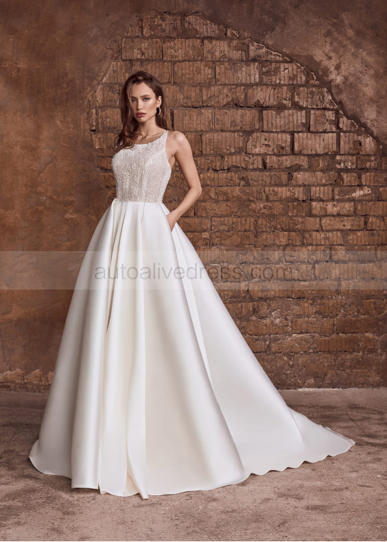 Beaded Ivory Satin Cross Back Wedding Dress